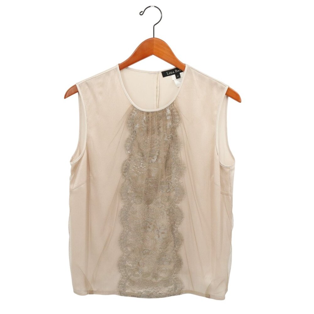 Lida Baday Taupe Saint Silk Mesh Overlay Lace Shell Tank Top 12